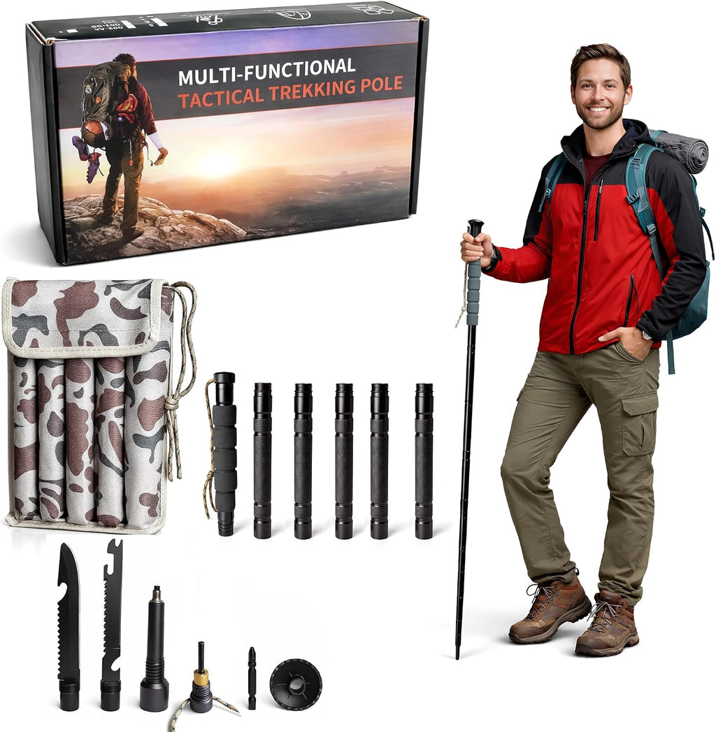 Trekking Poles Hiking Stick with Camping Essentials Kit - Hiking Poles Collapsible Lightweight for Camping, Mountaining -Hiking Backpack Walking Stick with Compass, Bag - Backpacking Essentials