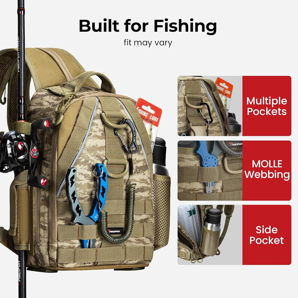 Piscifun Fishing Backpack, Rod Holders, Lightweight Sling Bag, Khaki Camo