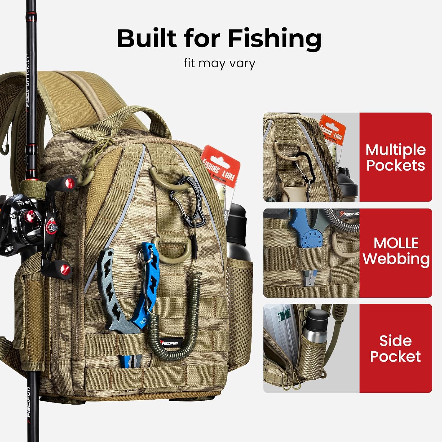 Piscifun Fishing Backpack, Rod Holders, Lightweight Sling Bag, Khaki Camo
