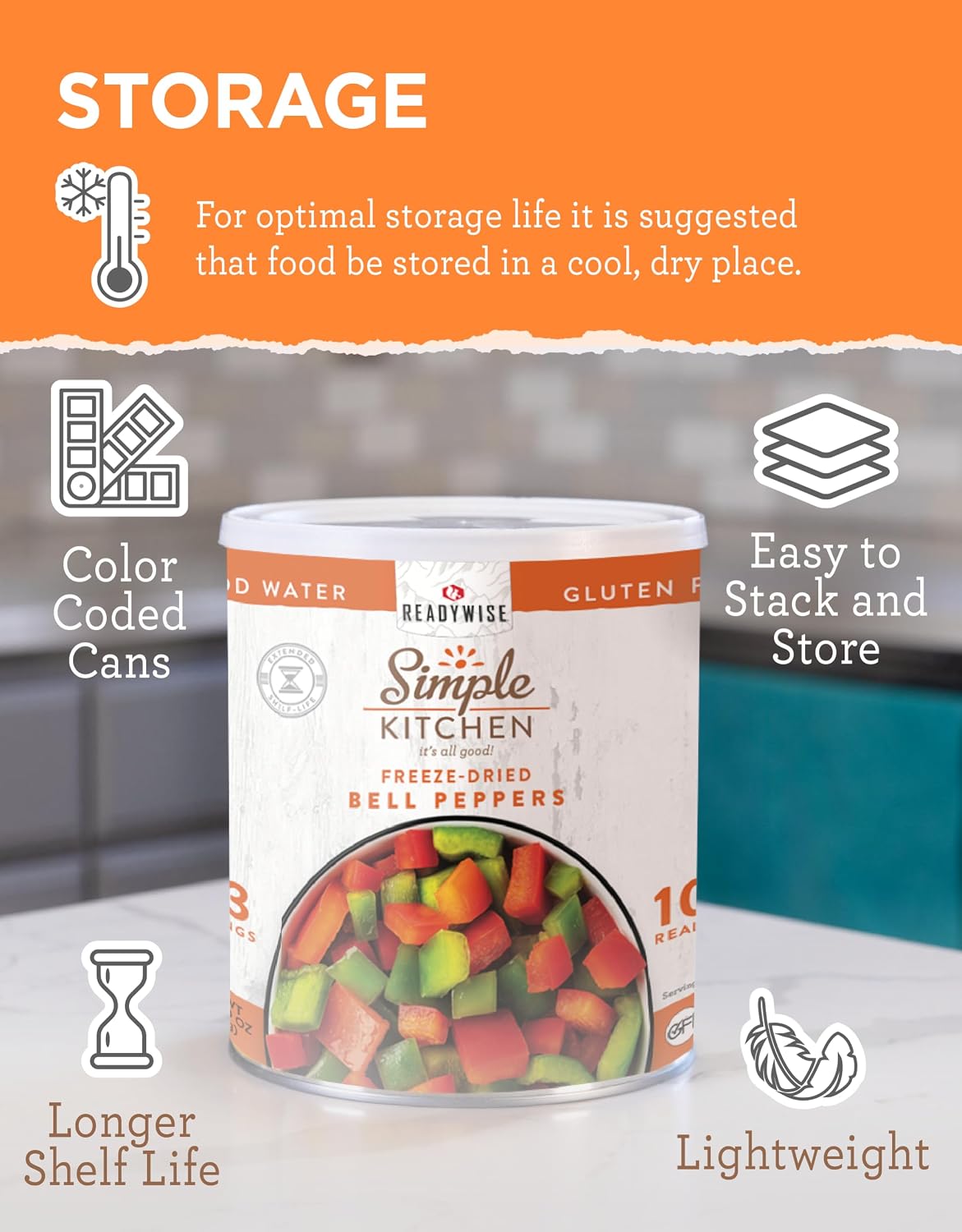 SIMPLE KITCHEN Dehydrated Bell Peppers #10 Can, 153 Servings, Camping Food
