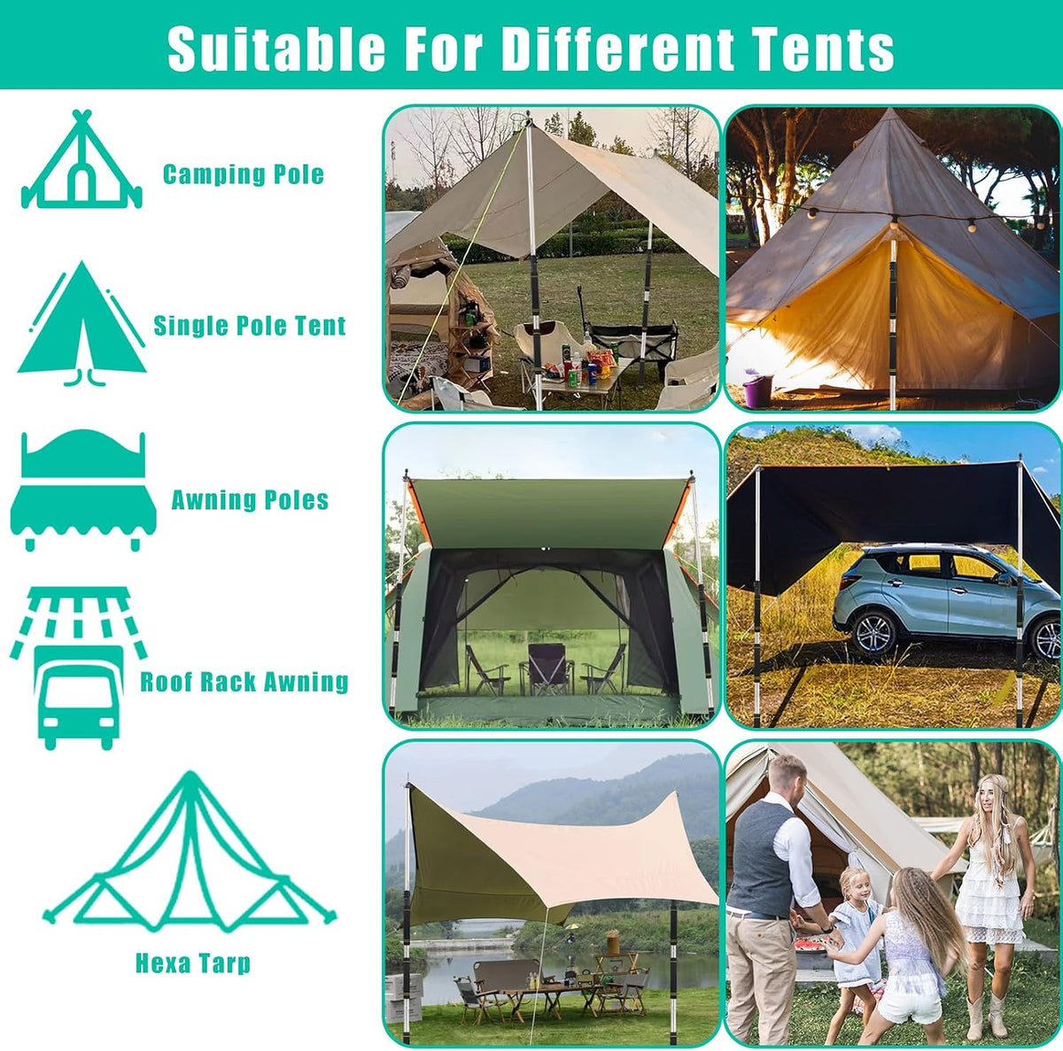 Tarp Poles,Tent Poles Set of 2 2Ft to 6Ft Replacement Canopy Poles Heavy Duty Telescoping Tent Poles for Tarp Outdoor Camping Awning Poles Adjustable Sturdy Durable Shade Cloth Poles, Black