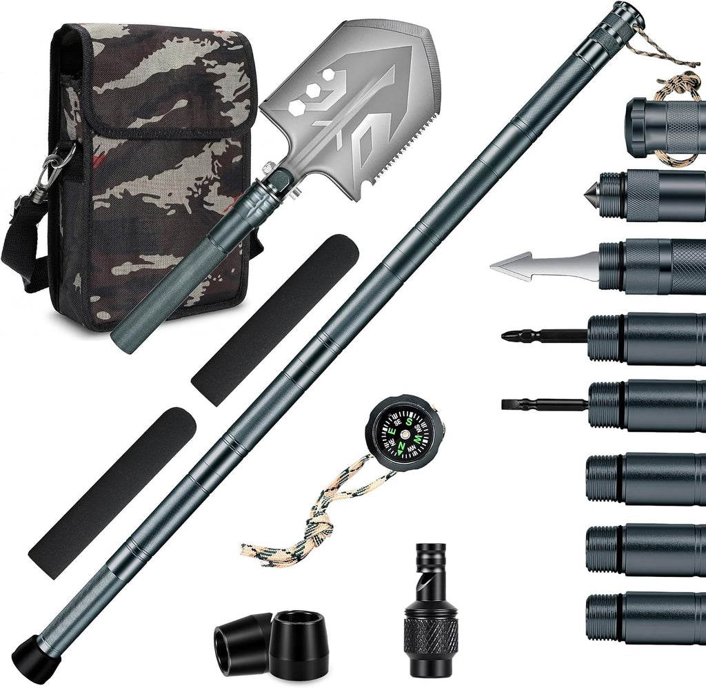 Survival Walking Stick w/Camp Shovel, Heavy-Duty Hiking Staff Camping Kit