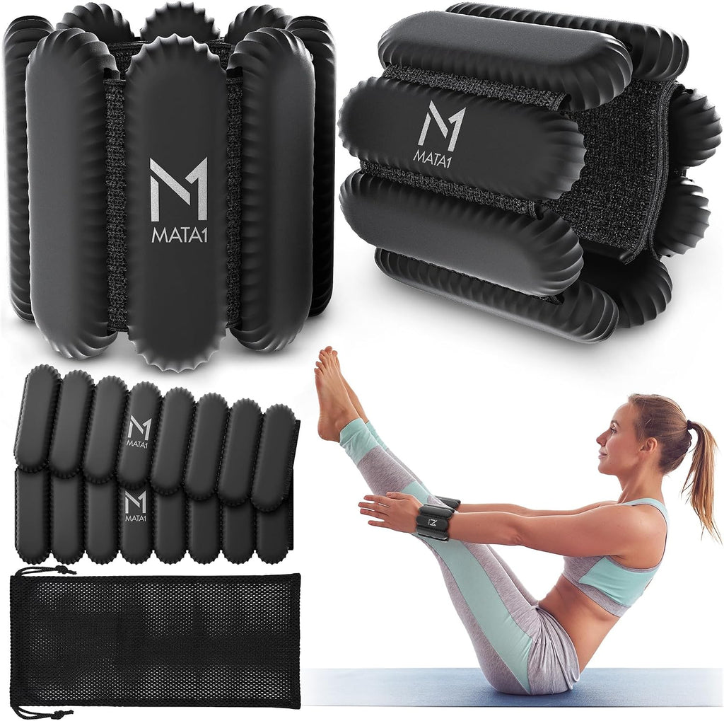 Ankle & Wrist Weights for Men & Women - Set of 2, 1 lb / 0.5 kg each, Black - Adjustable Silicone Workout Bands w/Removable Weights for Fitness & Training - by Mata1-USA
