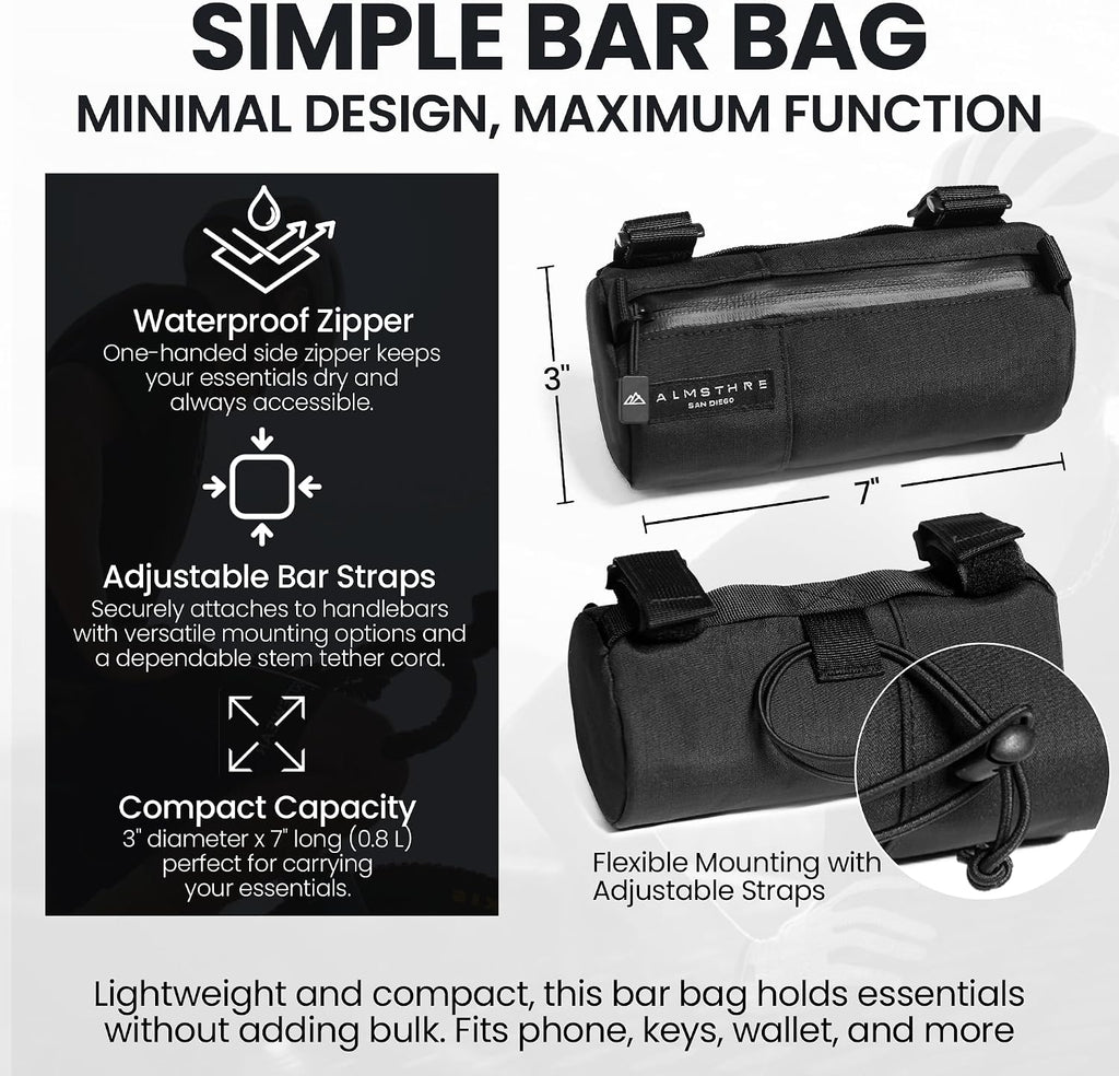 ALMSTHRE Simple Bar Bag | Soft-Shell Bike Handlebar Bag with Waterproof Zipper & Adjustable Straps | Lightweight Bicycle Handlebar Bag (Simple, Midnight Black)