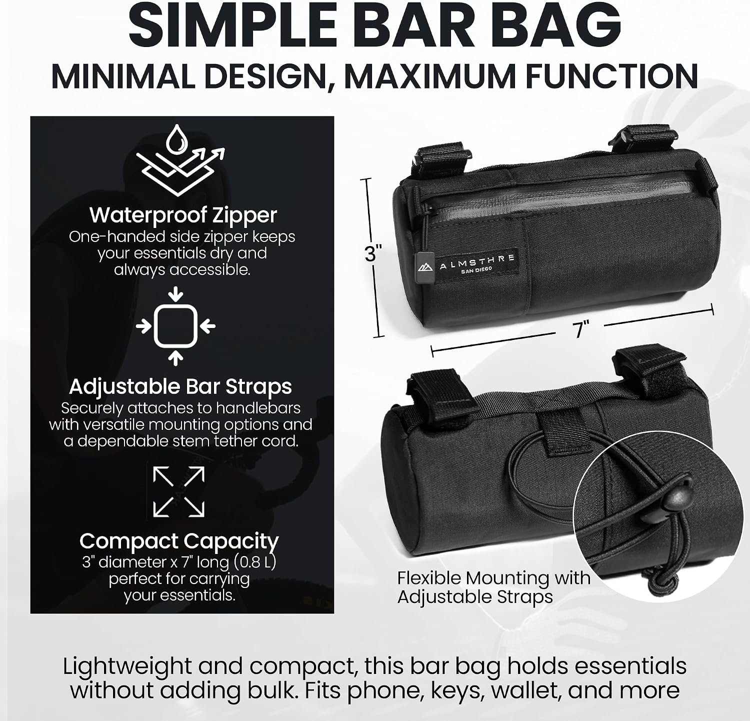 ALMSTHRE Simple Bar Bag | Soft-Shell Bike Handlebar Bag with Waterproof Zipper & Adjustable Straps | Lightweight Bicycle Handlebar Bag (Simple, Midnight Black)