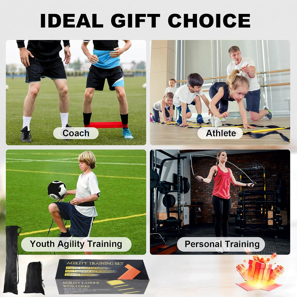 Speed Agility Training Equipment Set, Agility Ladder 20ft, 12 Football Cones, Resistance Parachute/Soccer Kick Trainer, Jump Rope, 5 Resistance Bands, Football Practice Equipment for Kids Adults