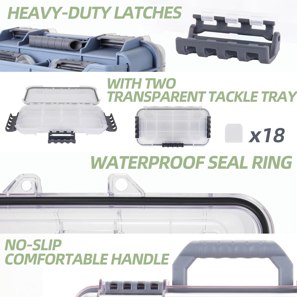 RUNCL Universal Fishing Tackle Box with Two Small Tackle Tray, Removal Inside Design Waterproof Trunk Storage Box, Thicker Floating Airtight Stowaway, Xmas Surprise Fishing Gifts for Men Women