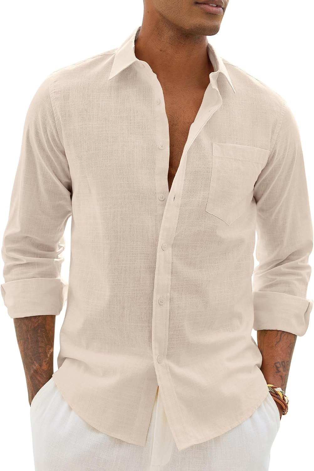 Alimens & Gentle Mens Linen Textured Shirt Long Sleeve Summer Beach Tops