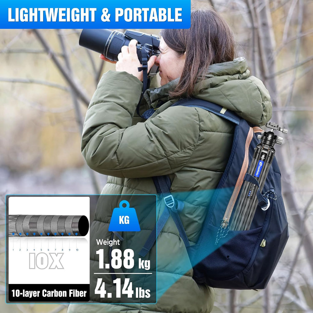 LEOFOTO 71" Travel Tripod Carbon Fiber for Camera, Compact Lightweight Tripod with 360°Panorama Ball Head,QR Plate, Removable Center Column, Load up to 15kg/33lbs