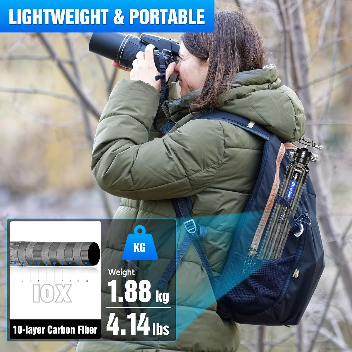 LEOFOTO 71" Travel Tripod Carbon Fiber for Camera, Compact Lightweight Tripod with 360°Panorama Ball Head,QR Plate, Removable Center Column, Load up to 15kg/33lbs