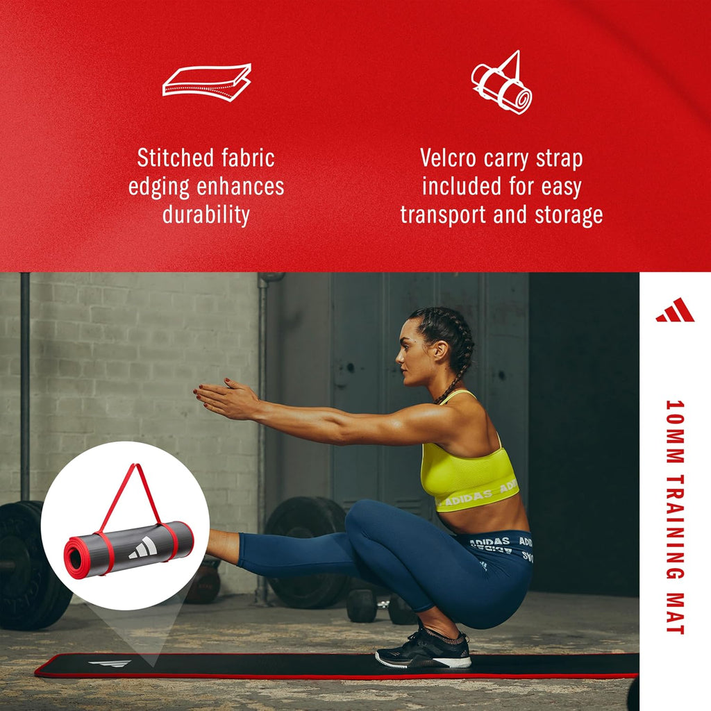 adidas 10mm Extra Thick Training Mat with Carrying Strap and Non-Slip Textured Base - Cushioned Workout Mat for Home Gym, Floor Workouts, and Intense Exercises - Portable and Durable