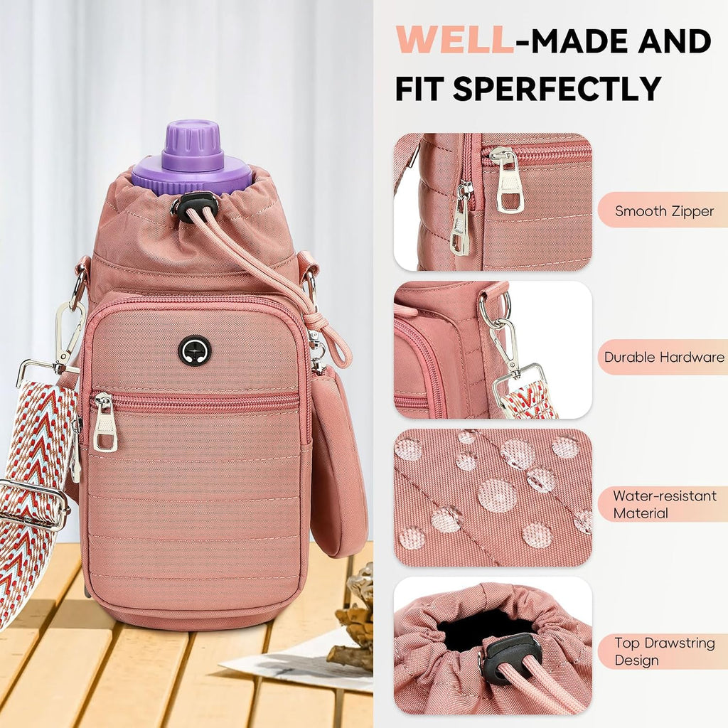 Water Bottle Carrier Bag with Strap Phone Pocket for Walking, Hiking, Cycling