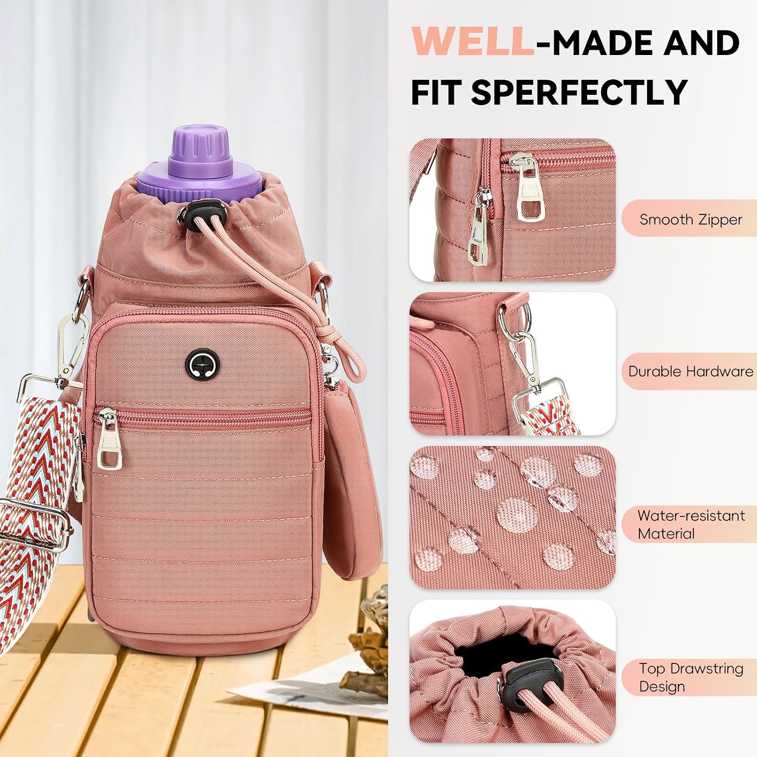 Water Bottle Carrier Bag with Strap Phone Pocket for Walking, Hiking, Cycling