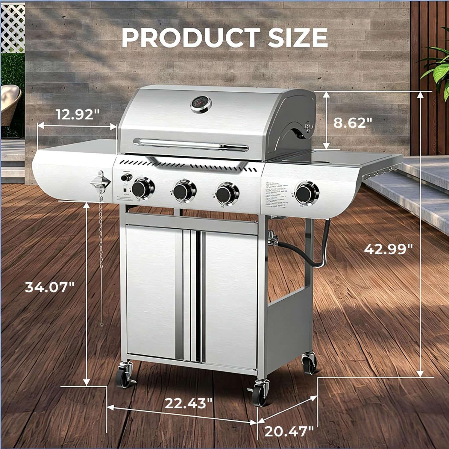Electactic 3-Burner Propane Gas Grill with Side Burner – 34,000 BTU Stainless Steel Outdoor BBQ Grill, Cast Iron Grates, Portable with Wheels for Patio, Camping