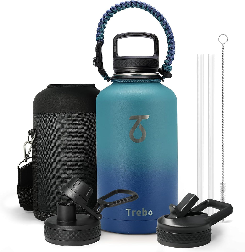 Trebo 64 oz Water Bottle Stainless Steel with 3 Lids, Paracord Handle & Bag
