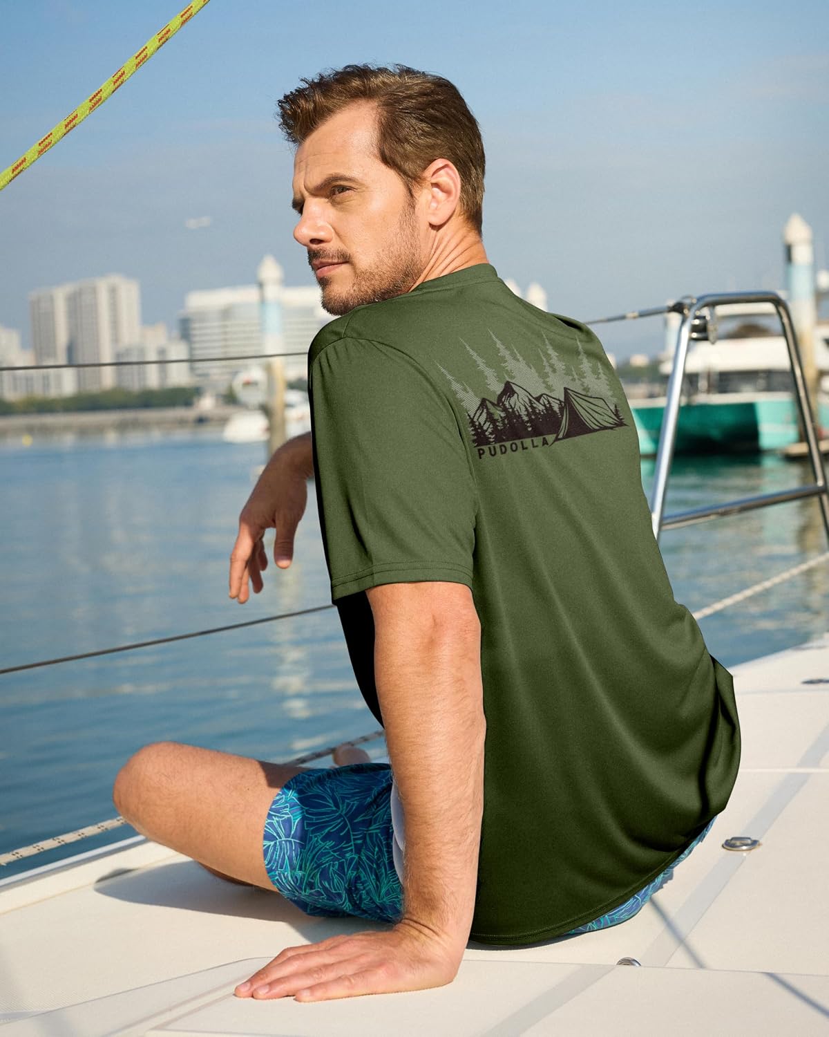 Pudolla Men's Fishing Swim Graphic Shirts Short Sleeve Sun Protection UV UPF 50+ SPF Tee Quick Dry Lightweight Water Tops