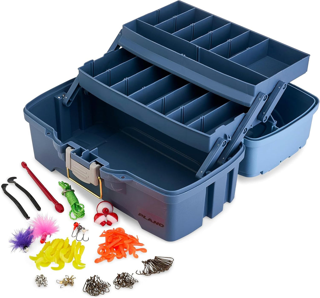 Plano Catch All Two-Tray Tackle Box Kit, Light Blue/Dark Blue, Rust-Proof Brass Latch, Top-Access Tray with Deep Storage, Made in the USA, Portable Fishing Gear Storage Organizer