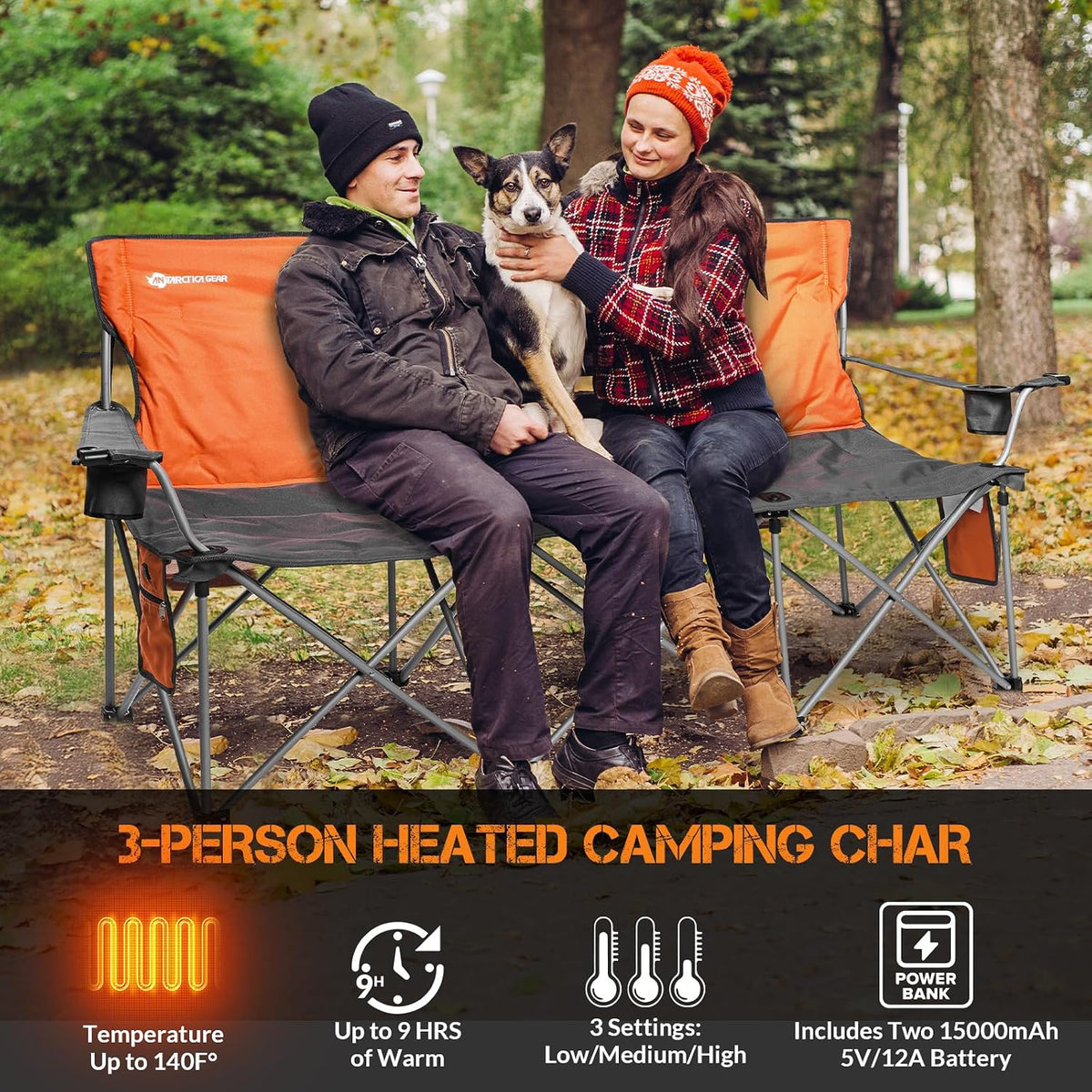 ANTARCTICA GEAR Heated Double Camping Chair with 12V 15000mAh Battery Pack - Heavy-Duty XL Folding Bench for Outdoor, Campsites, Tailgating - Portable Heated Seating with Adjustable Warmth
