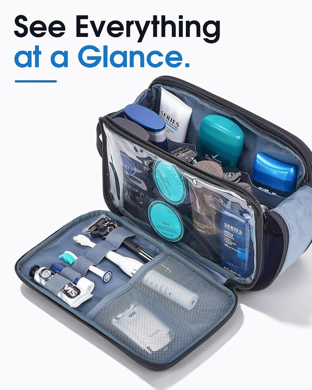 ZEEMO Travel Toiletry Bag for Men, Full Open Dopp Kit with Dual Compartment