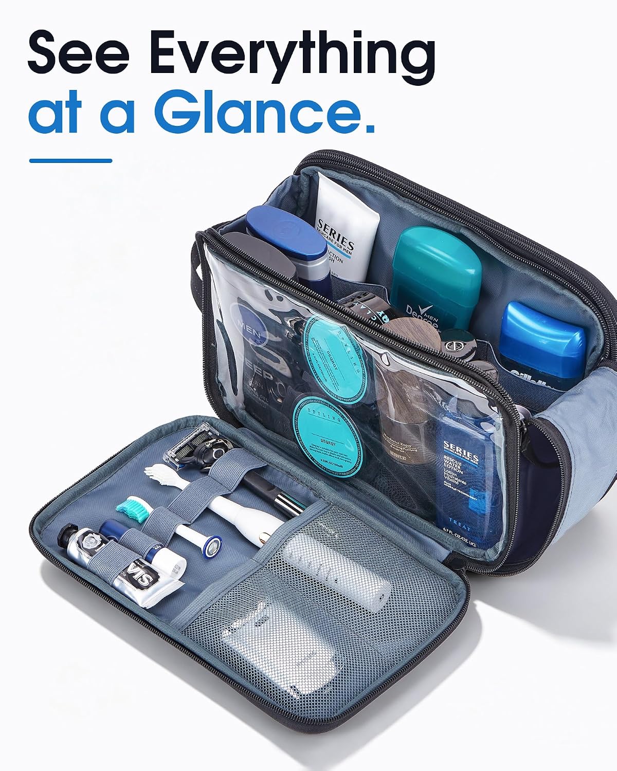 ZEEMO Travel Toiletry Bag for Men, Full Open Dopp Kit with Dual Compartment