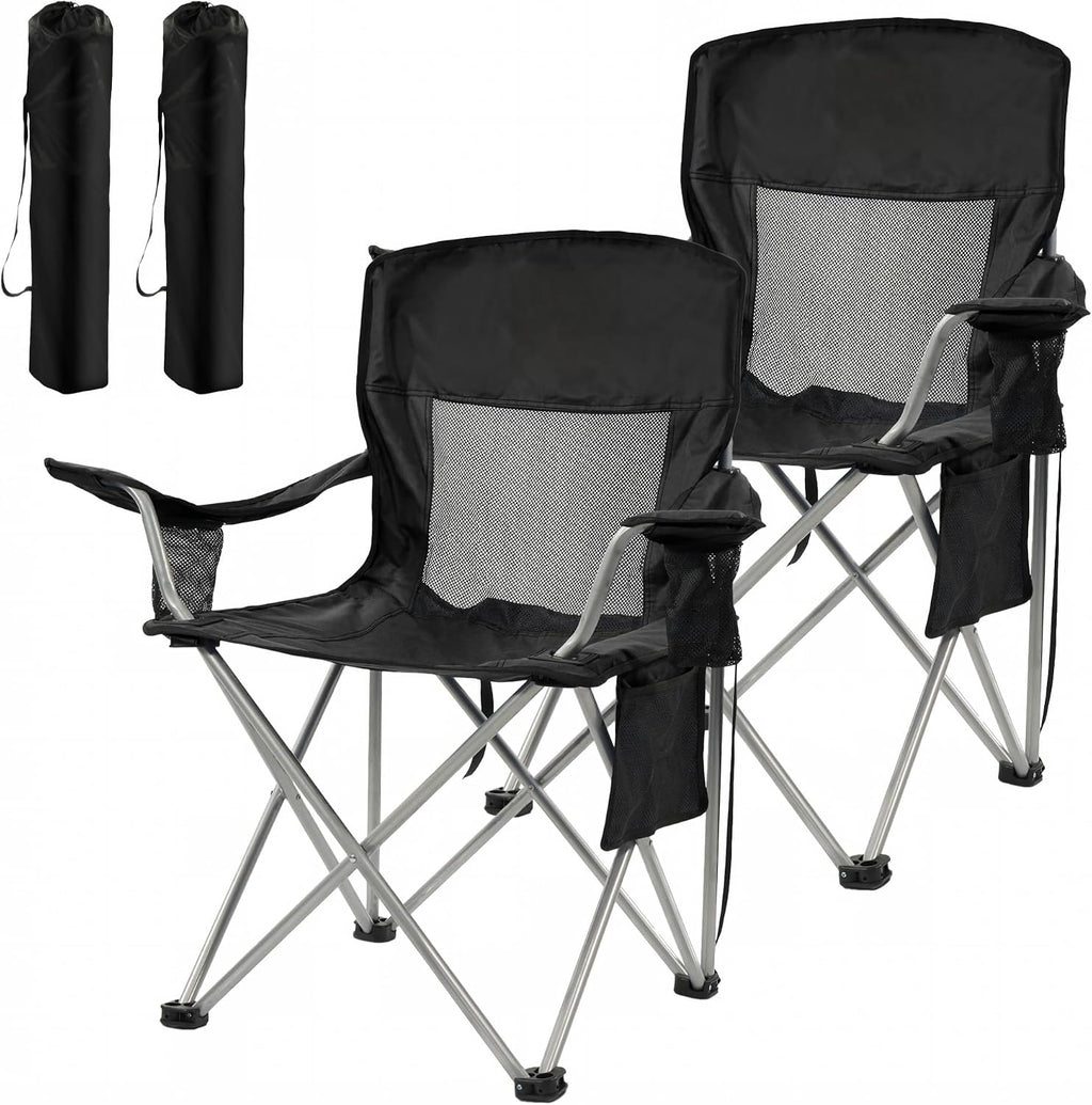 HULKFIT 2 Pack Folding Camping Chair – Heavy Duty Portable Outdoor Beach Chair for Adults with Breathable Mesh Back, Cup Holder & Carry Bag – Ideal for Backyard, Tailgating, Hiking & Travel,Black