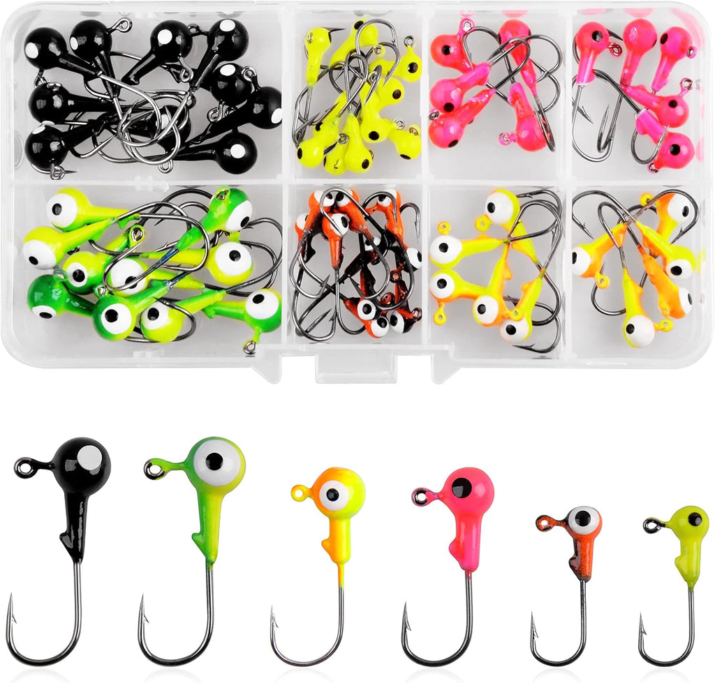 AGOOL Fishing Jig Heads Hooks Kit, 35/60pcs Round Ball Jig Heads Fishing Lures Crappie Jig Heads for Soft Plastic Baits Bass Trout Soft Worm Shrimp Lures Freshwater Saltwater
