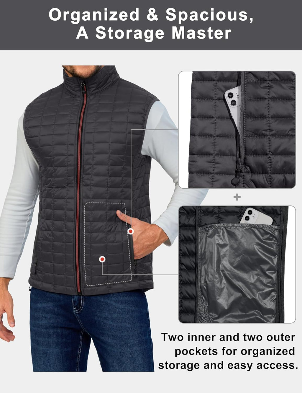 Little Donkey Andy Men's Puffer Vest, Lightweight Warm Sleeveless Jacket for Hiking Travel Golf Black/Gray S