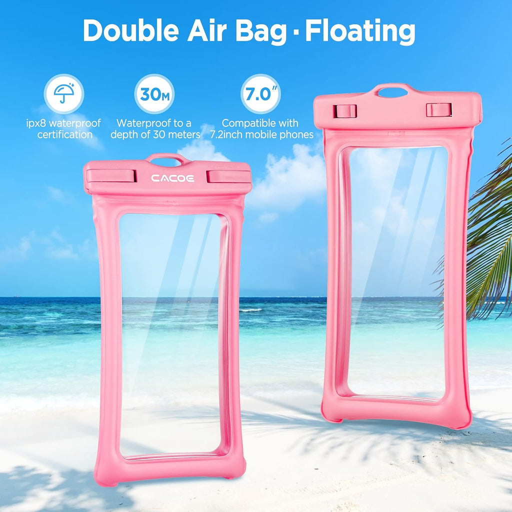 CACOE Floatable Waterproof Phone Pouch 2 Pack Up to 7.0",Black+Pink