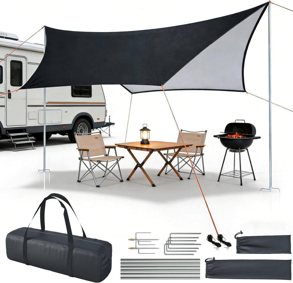 Camping Tent Tarp with Thickened Stainless Steel Bracket - PU 20000mm+ Waterproof Rain Shelter, UPF2000+ Anti-UV Camping Canopy, Portable Sun Shade for Camping, Hiking, Picnic