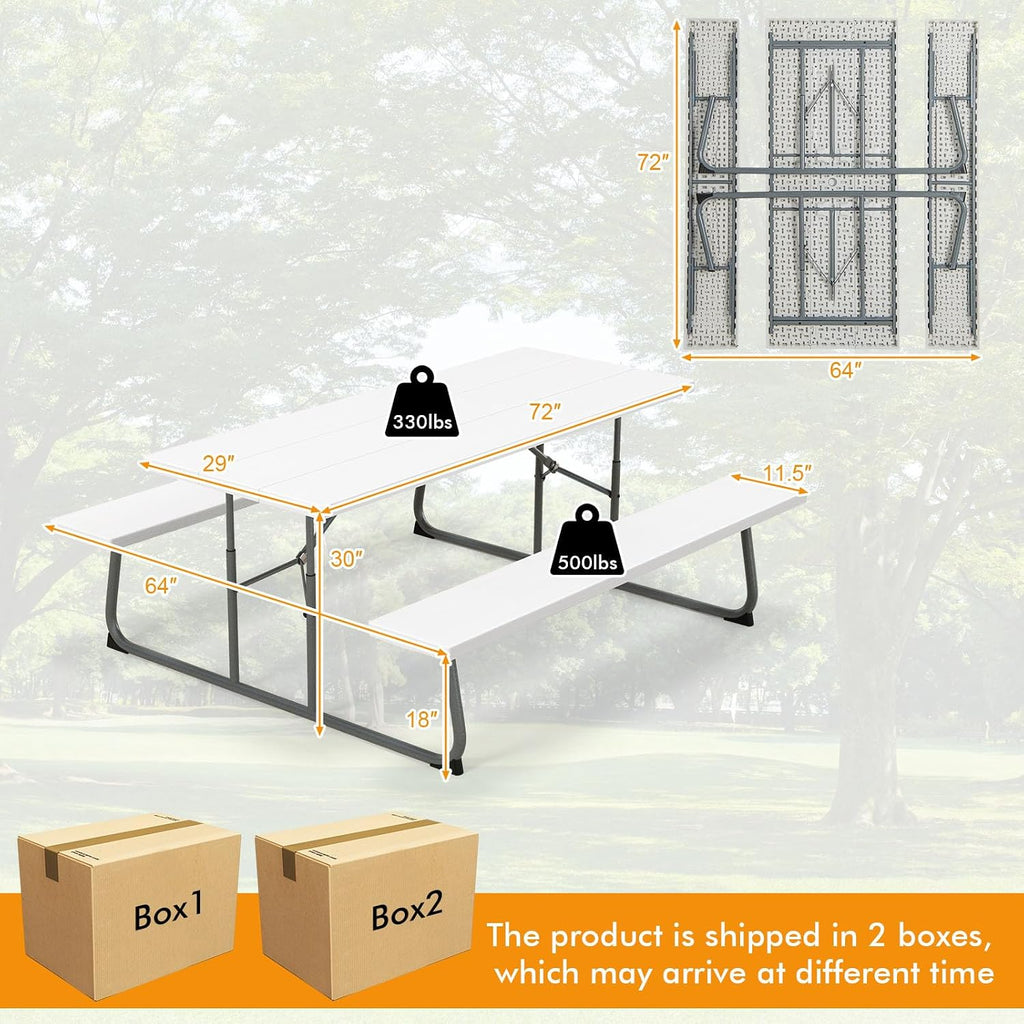 Tangkula 6 Ft Folding Picnic Table, Outdoor 8 Person Large Picnic Table Set with 2 Built-in Benches, Umbrella Hole, Metal Frame & HDPE Tabletop for Garden, Backyard (White)