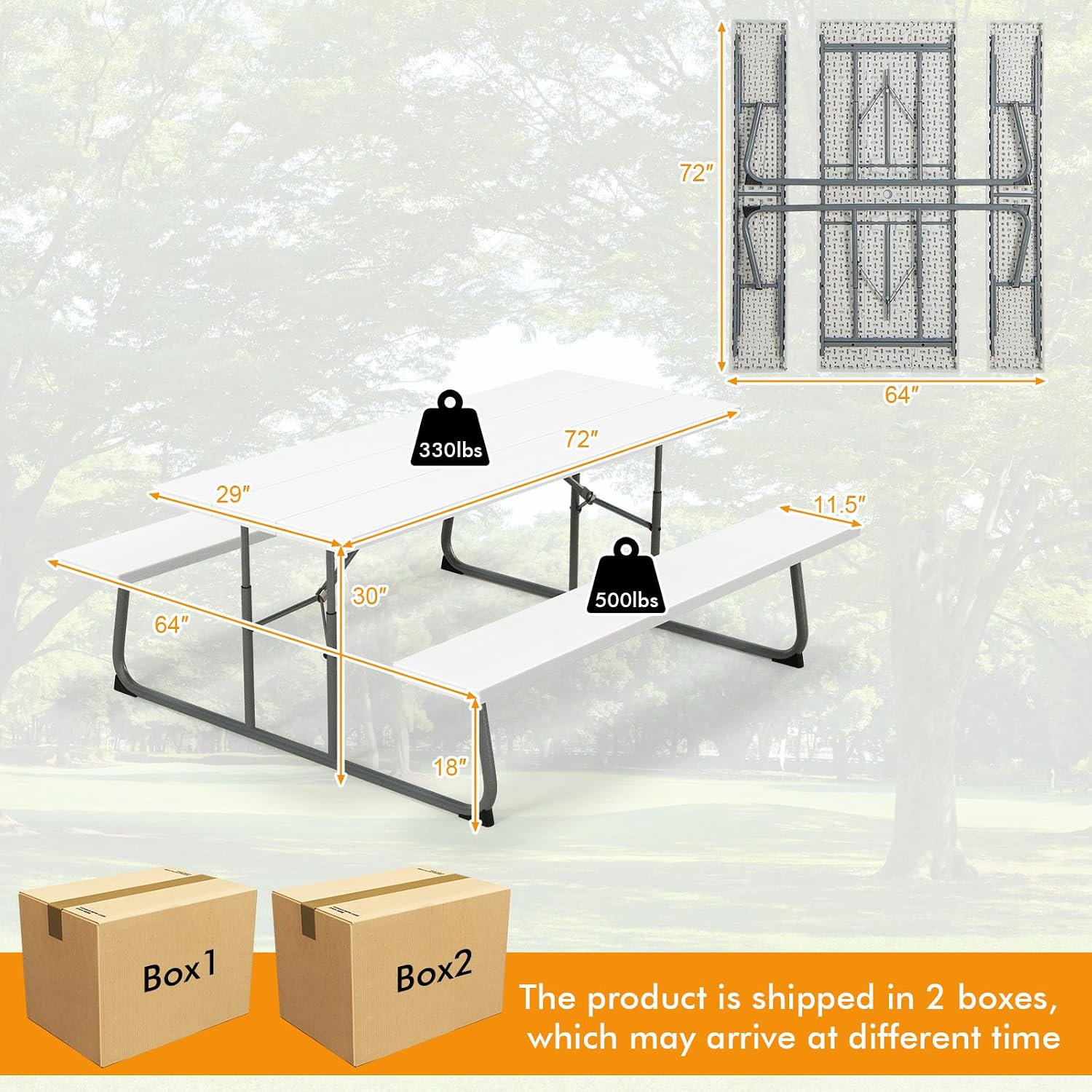 Tangkula 6 Ft Folding Picnic Table, Outdoor 8 Person Large Picnic Table Set with 2 Built-in Benches, Umbrella Hole, Metal Frame & HDPE Tabletop for Garden, Backyard (White)