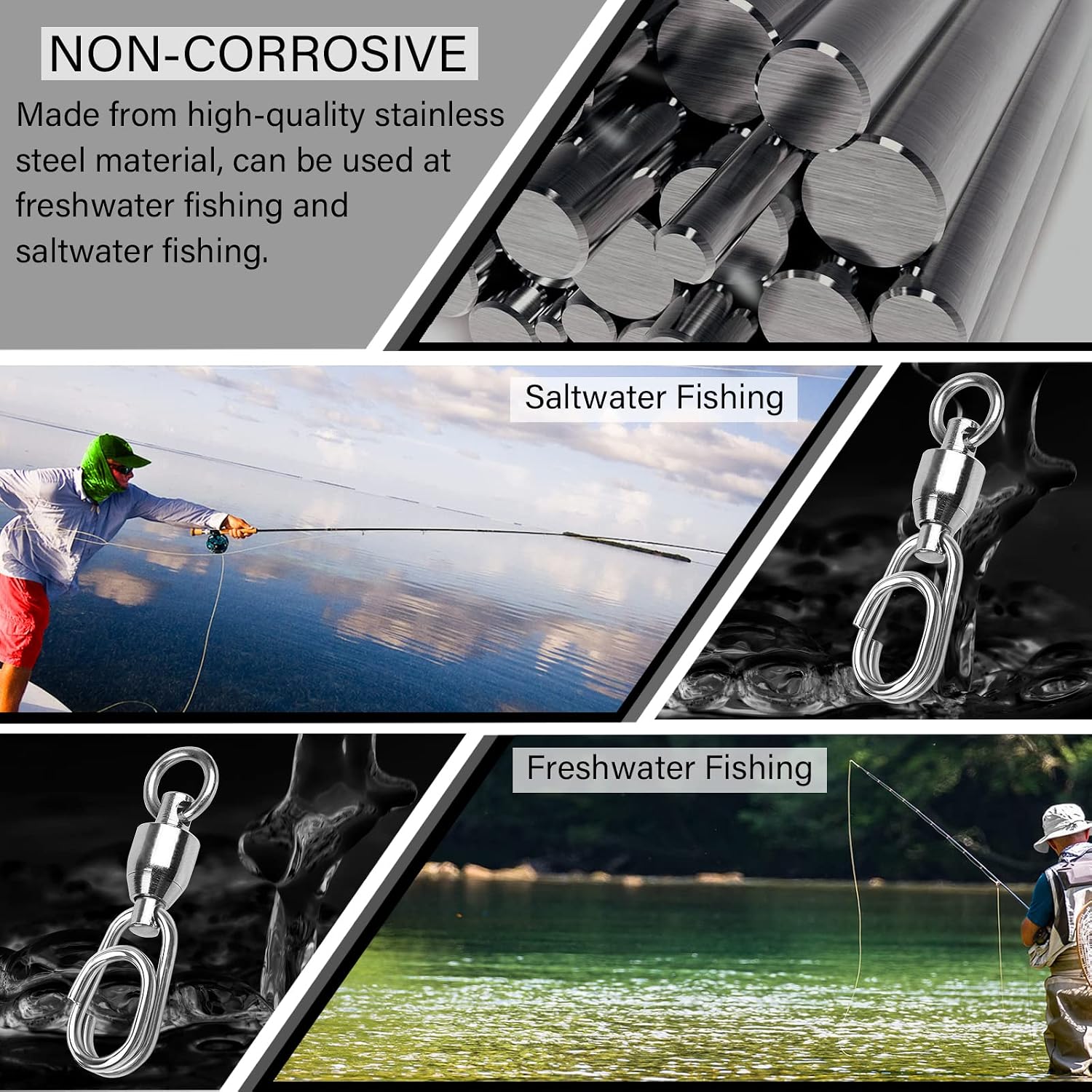Atibin High Strength Fishing Swivel Steel Stainless Connector Swivel Snaps Saltwater Ball Bearing Split Rings Freshwater White Nickel 30lbs-156lbs
