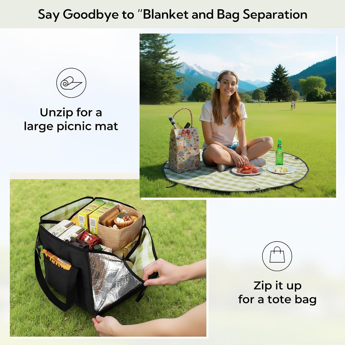 GRANNY SAYS 2-in-1 Waterproof Picnic Blankets & Tote Bag for Camping, Black