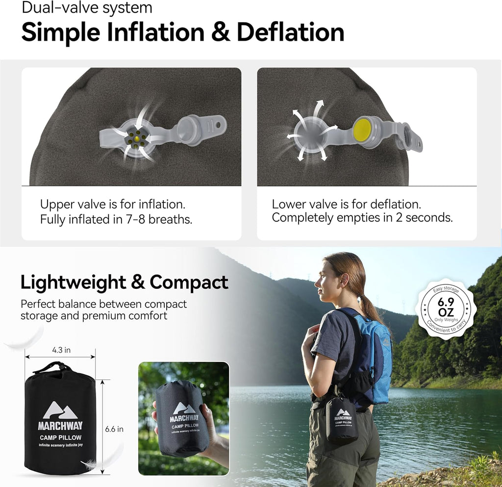 MARCHWAY Inflatable Camping Pillow with Soft Foam Top & TPU Air Bladder, Dual-Sided Support for All-Season, Lightweight Compact Travel Pillow for Hiking, Backpacking, Airplane, Car (Green)