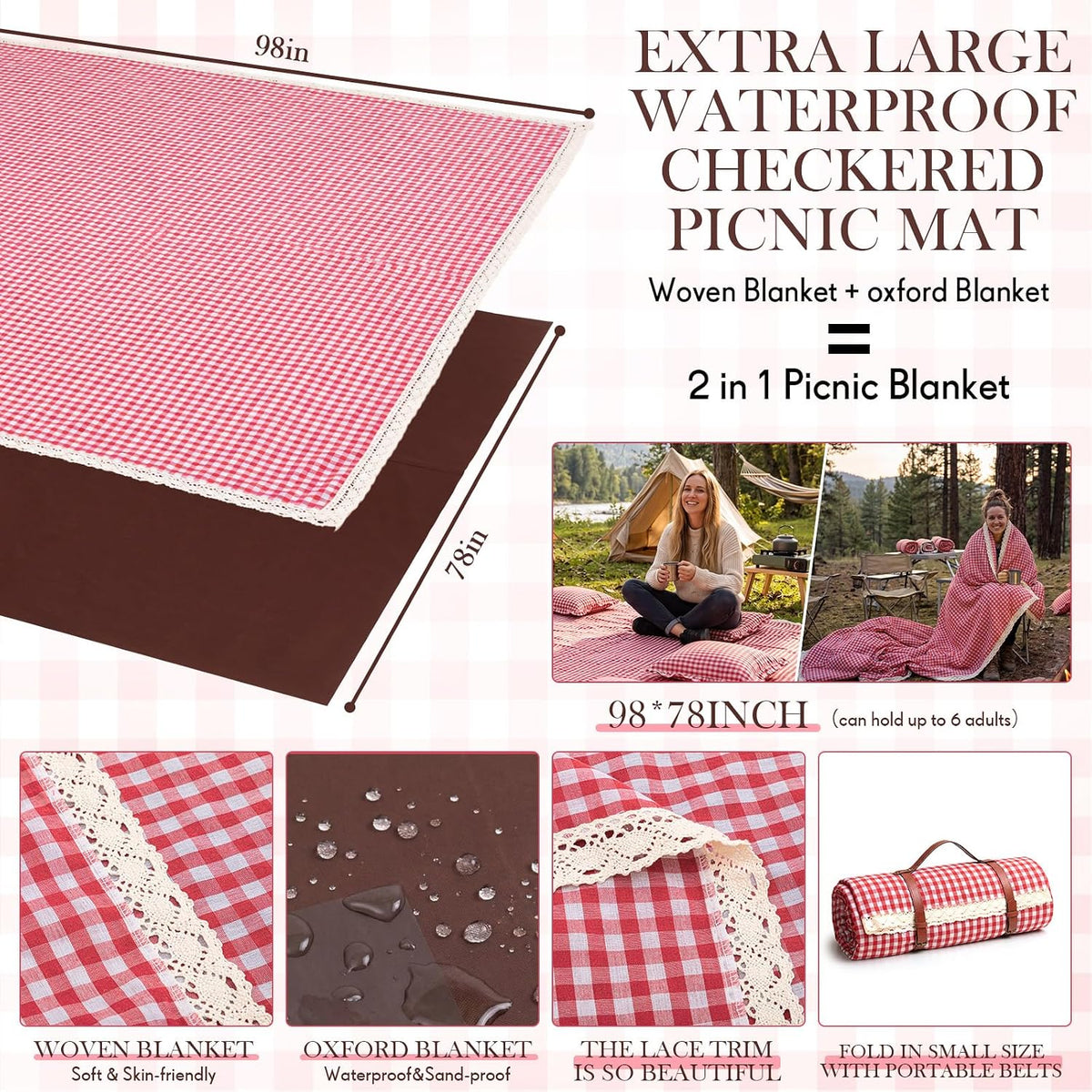 Boao Extra Large Picnic Blanket, 98" x 78" Red Gingham Picnic Blanket Set