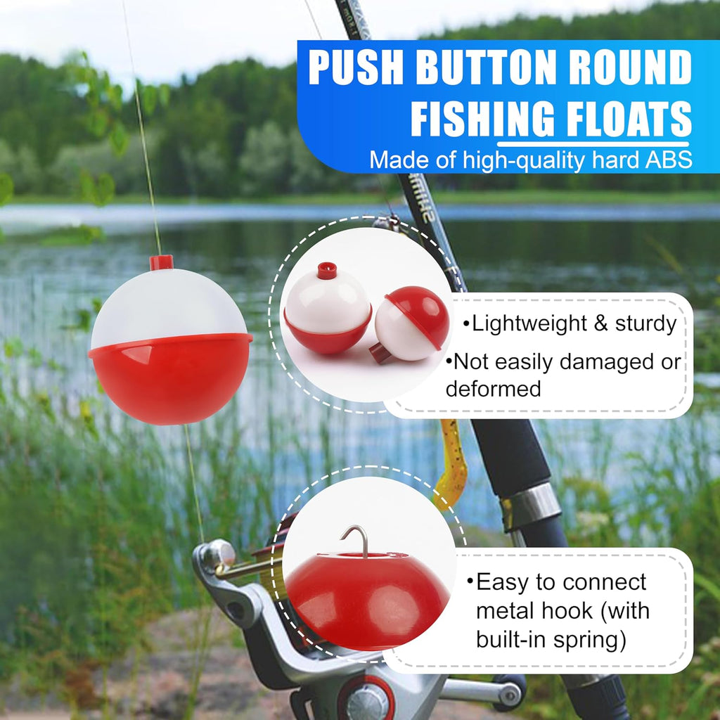 AGOOL Fishing Bobbers Set Snap Hard ABS on Red/White Fishing Floats Bobbers Push Button Round Buoy Floats Tackle Accessories Size: 0.5/0.75/1/1.25/1.5/1.75/2/2.5 Inch