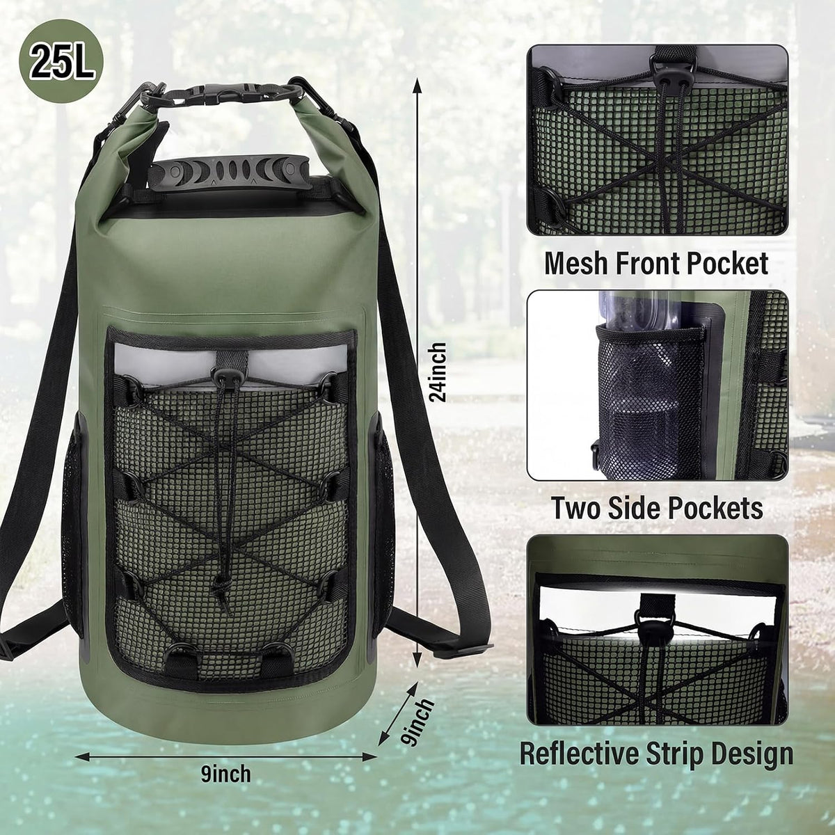 Dry Bag, 25L Waterproof Backpack, Outdoor Roll-Top Dry Bags for Kayaking