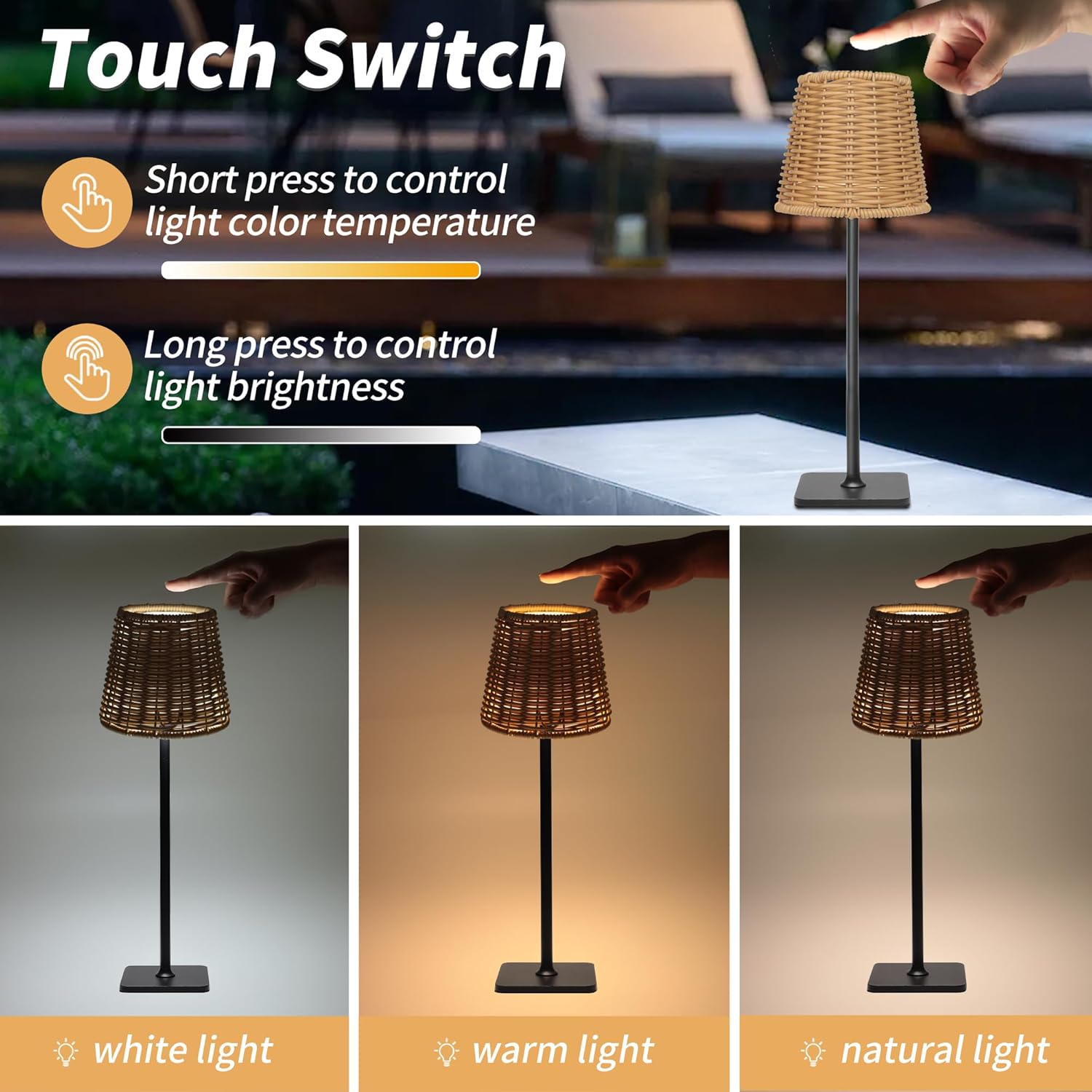Mr. White Outdoor Waterproof Cordless Set of 2 Rechargeable Portable Top Touch Battery Operated Powered LED Table Lamp Desk Lamp Lights for Restaurant Kitchen Patio Dinner Dining (Black 2 Pack)