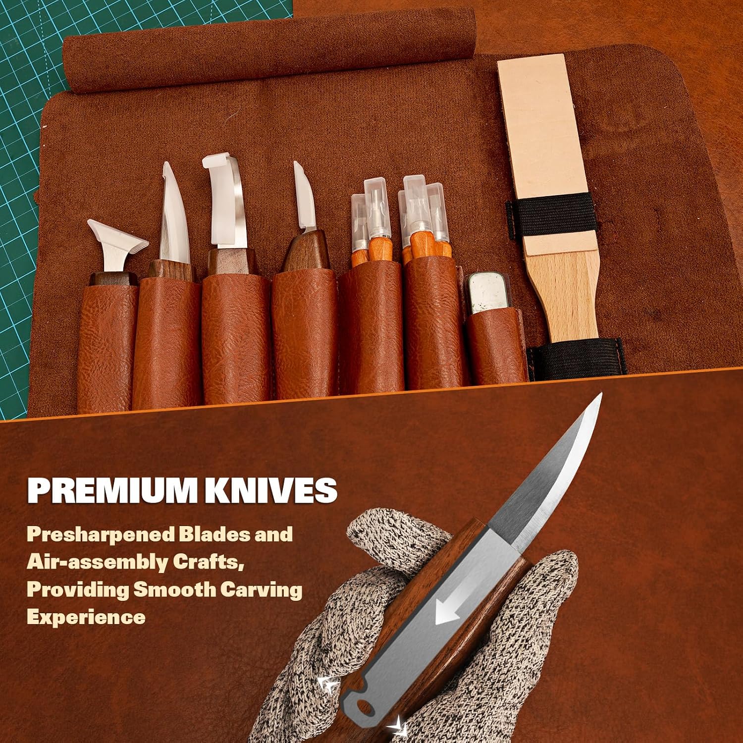Wood Carving Kit, 32Pcs Wood Carving Tools with Storage Bag, Wood Whittling Knife Kit with 4pcs Templates & 11pcs Wood Carving Knives for Wood DIY Beginners