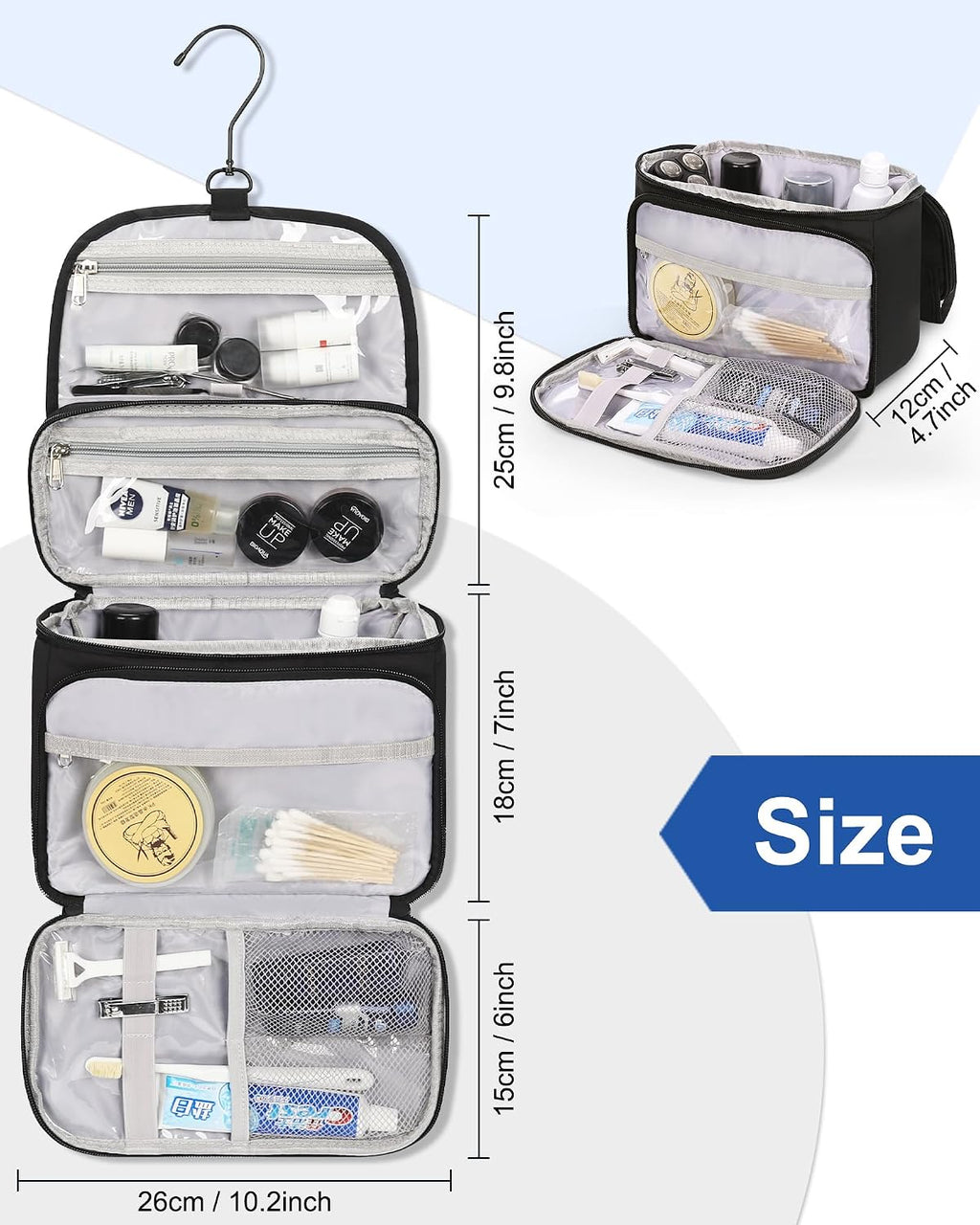 Relavel Toiletry Bag for Men, Hanging Toiletries Bag for Women Water Resistant Dopp Kit Shaving Bag, Travel Essentials Large Capacity Organizer Case for Toiletries Accessories, Black