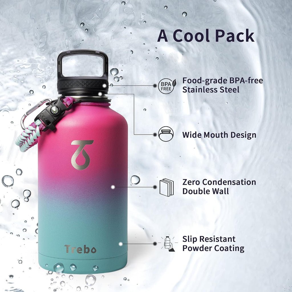 Trebo 64 oz Water Bottle Stainless Steel with 3 Lids, Paracord Handle & Bag