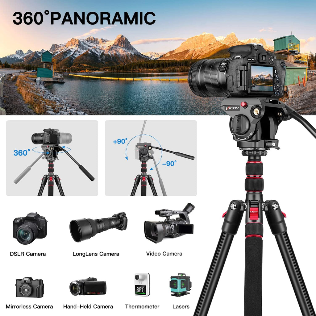 Victiv Video Tripod, 72" Heavy Duty Fluid Head Camera Tripod with Carry Bag