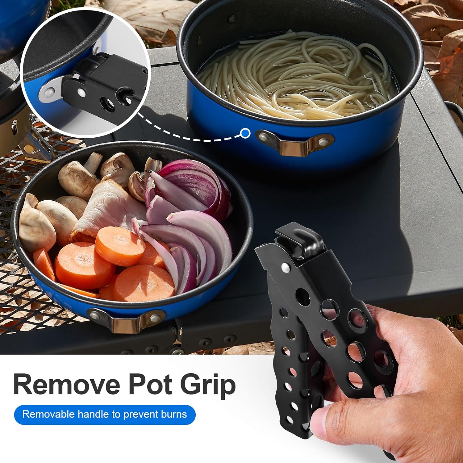 Odoland 5pcs Camping Cookware Non-Stick Camping Pot and Pan Set with Kettle and Removable Handle for Hiking Backpacking and Picnic