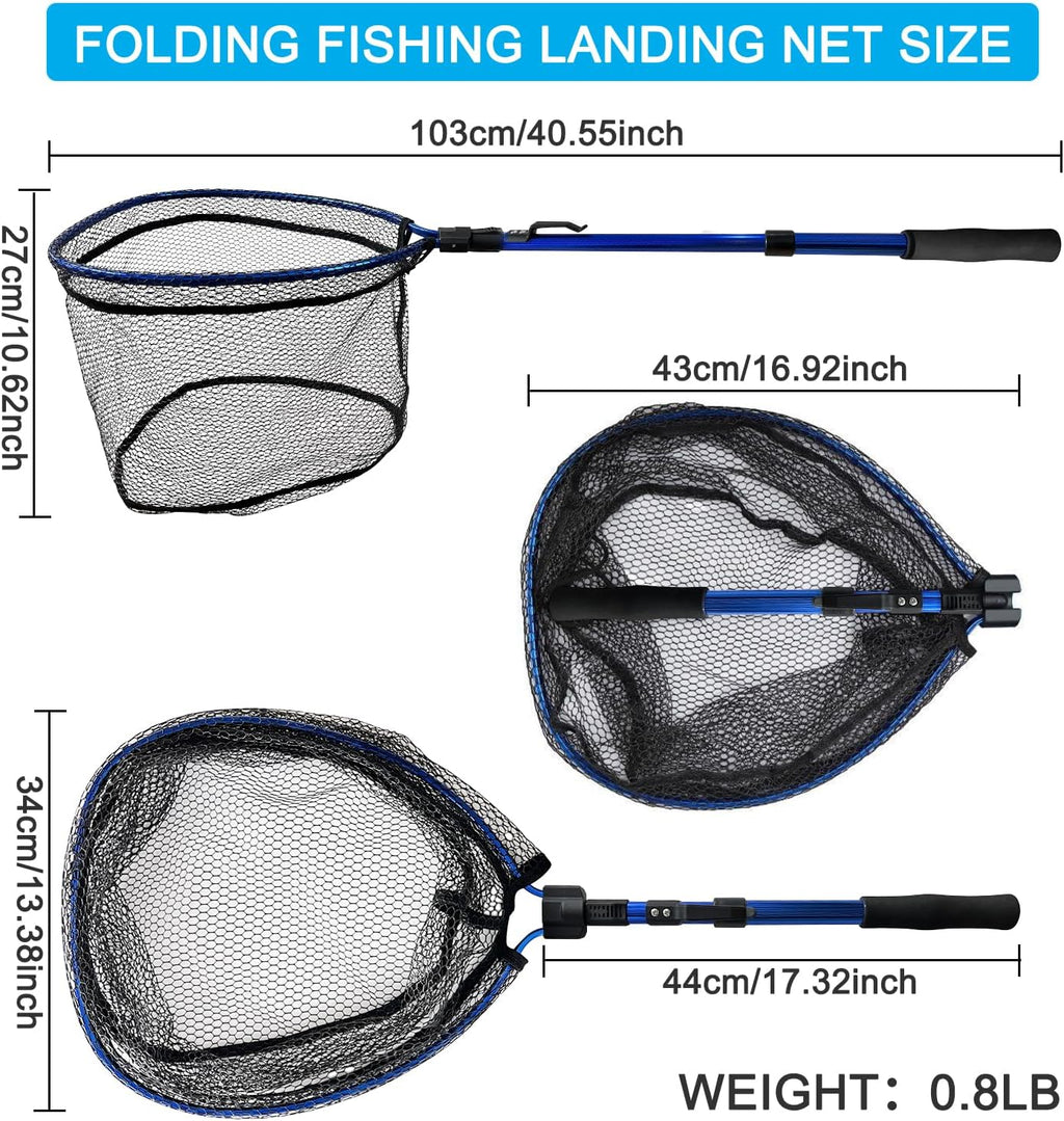 LBW Collapsible Fishing Net with Handle, Folding Kayak Net for Freshwater or Saltwater, Trout Catfish Bass Compact Rubber Landing Net
