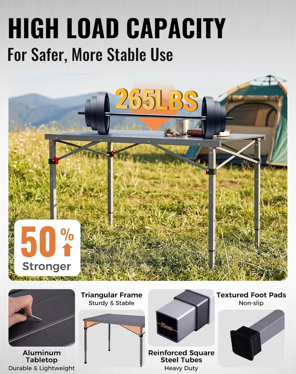 KingCamp 265 Lbs Folding Camping Table, 3-Height Heavy Duty Outdoor Table