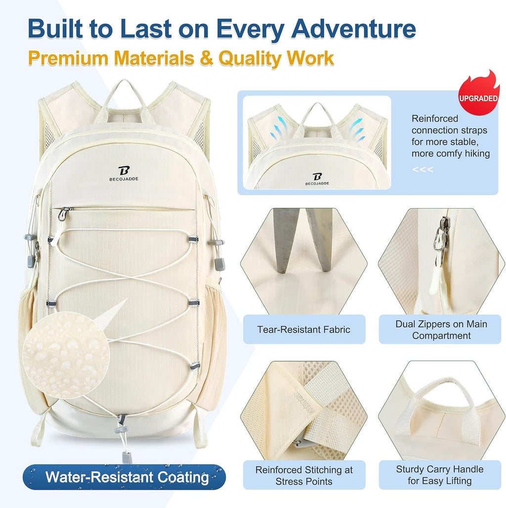 BECOJADDE Hiking Backpack 15L Small Backpack Packable Day pack Water Resistant Lightweight Travel Backpack for Women Men with Shoulder Strap Pockets for Hiking Camping Outdoor, Beige