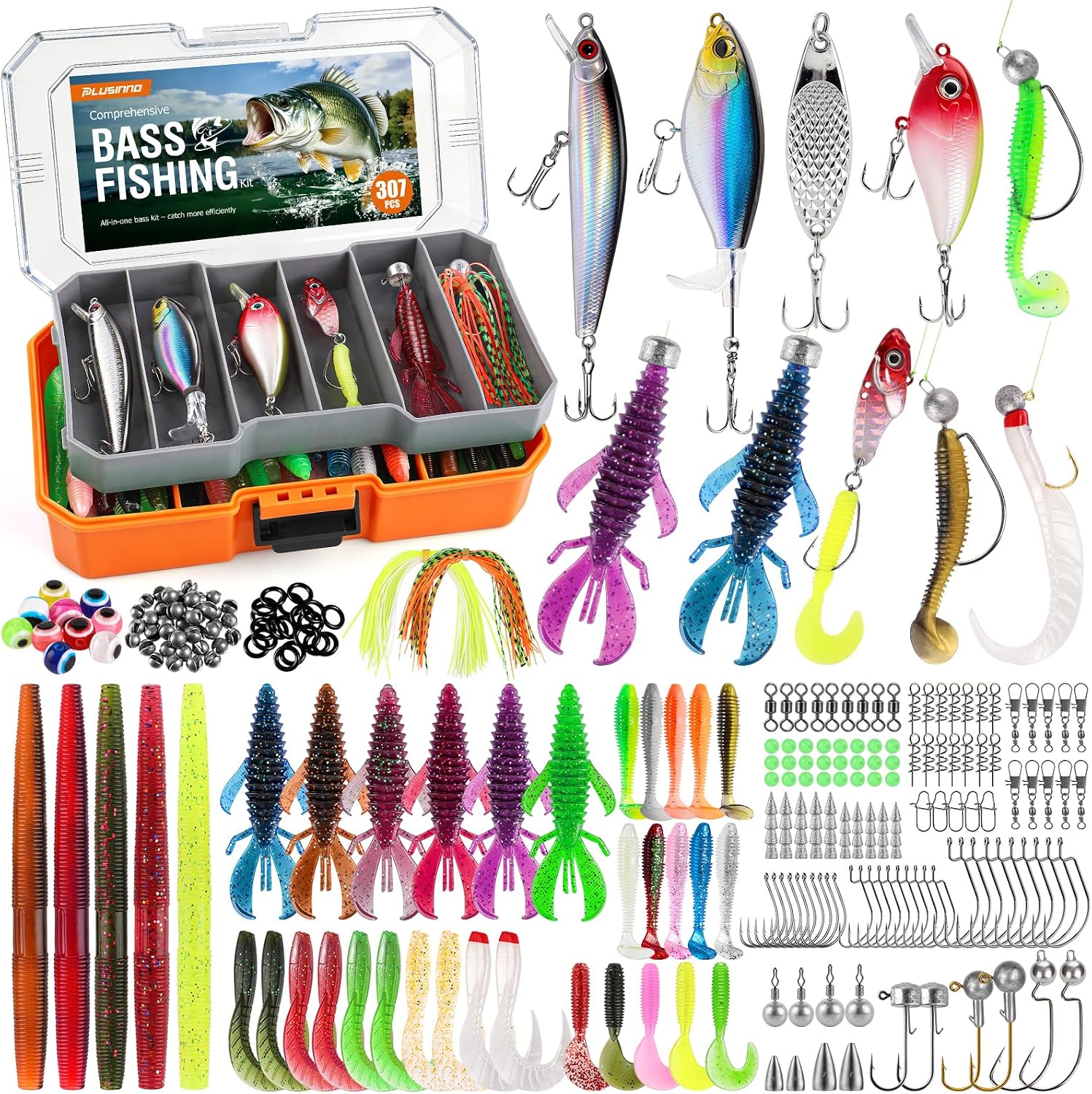 PLUSINNO Bass Fishing Lures Tackle Box Gear Kit with Tackle Included