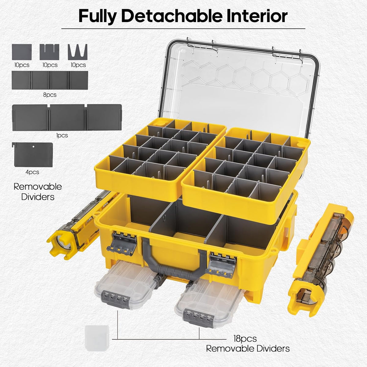 THKFISH Waterproof Double Side Tackle Box, Portable Storage Box with 2 Pack 3500 Stowaway Boxes & Rod Holders, Fishing Lure Organizer YellowPink/Green/Blue/Grey (L-Yellow)