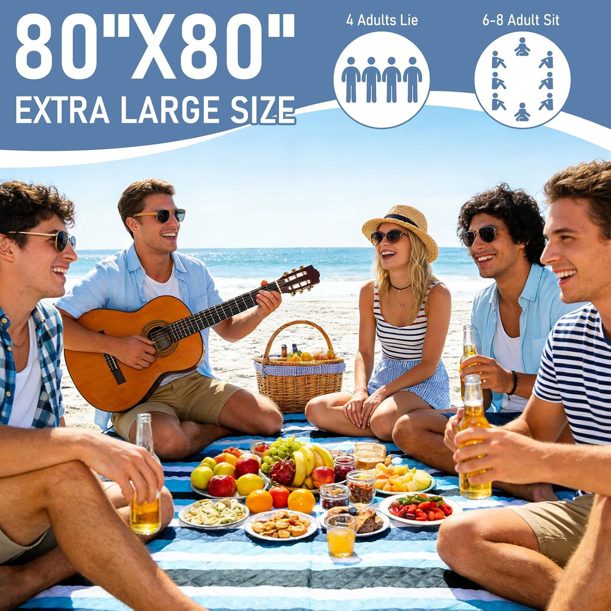 Beach Blanket Waterproof Sandproof, 80''x80''Extra Large Thick 5-Layer Big Outdoor Picnic Camping Blanket Easily Foldable Picnic Mat for Grass, Hiking, Travel, Concerts, Indoor