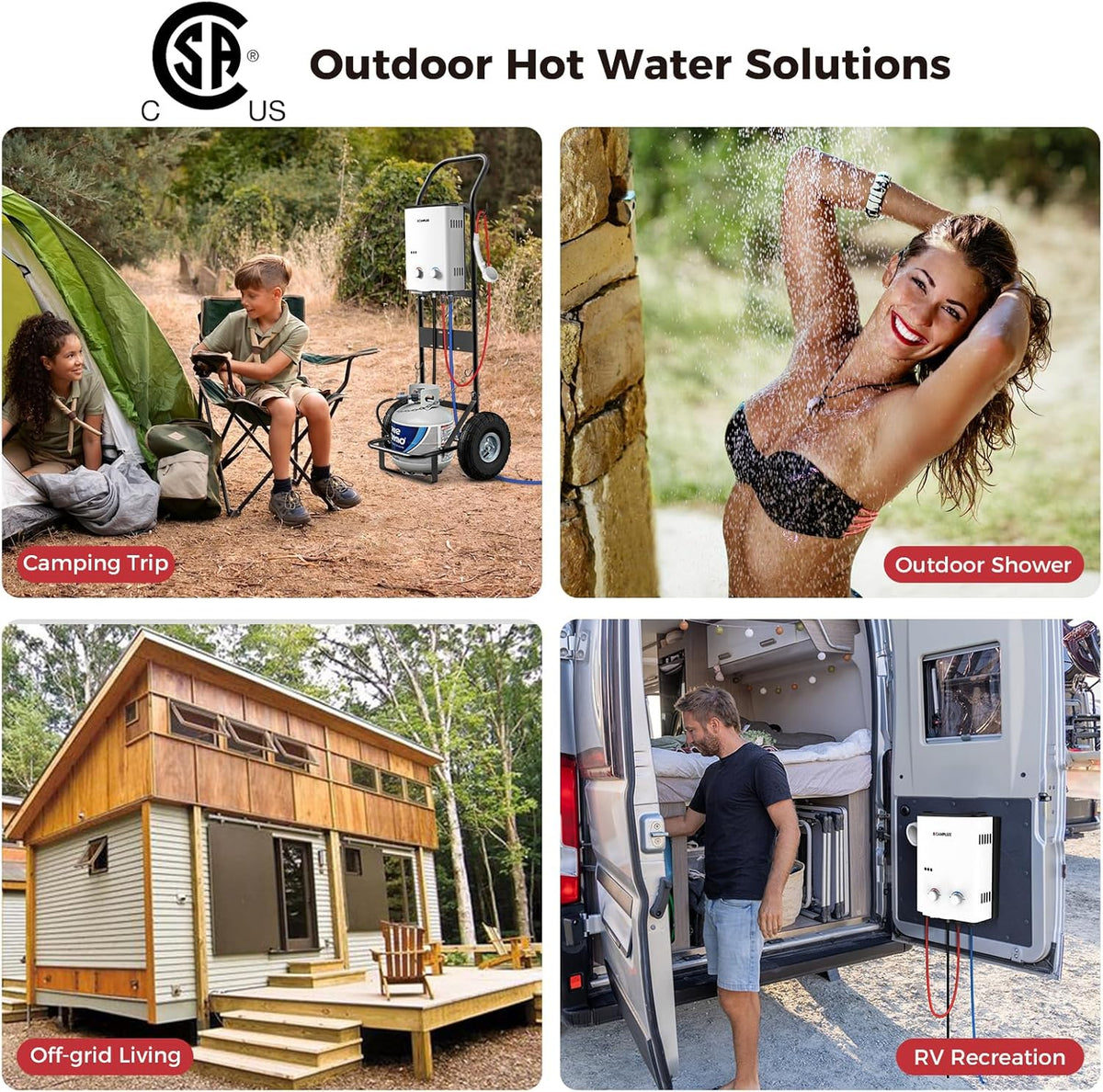 CAMPLUX 5L Portable Tankless Water Heater, 1.32 GPM Outdoor Propane Shower for Camping, RV, Off-Grid, Instant Hot Water with Folding Handle, Overheat Protection, Low Pressure Startup, AY132, White
